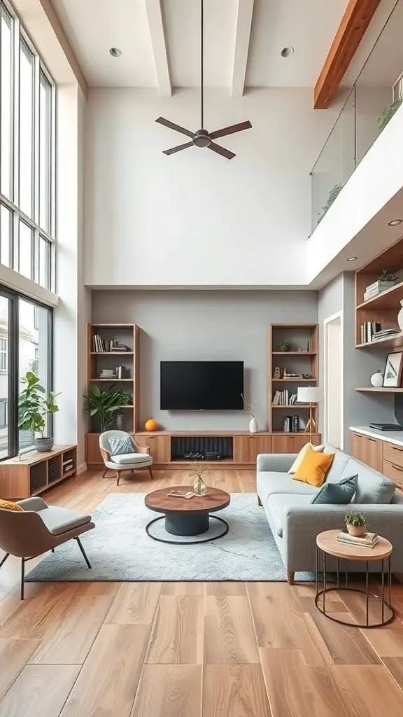 A modern living room featuring built-in shelves, a large TV, and stylish furniture.