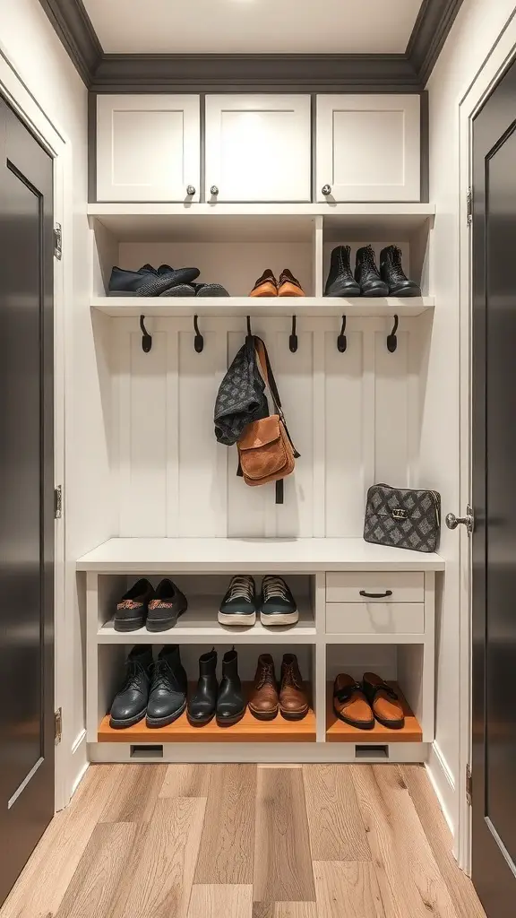 A well-organized mudroom with shoe storage and hooks for bags.