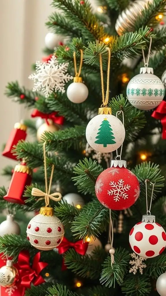 29+ Creative Dollar Tree DIY Crafts You Need to Try 9 A festive tree decorated with various holiday ornaments including red, white, and green designs.