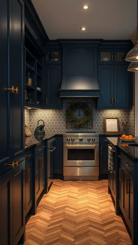 29+ Stunning Ideas for Blue Kitchen Cabinets 14 A stylish kitchen featuring midnight blue cabinets with brass details and a herringbone floor.