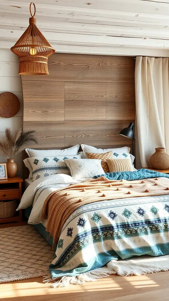 A cozy boho coastal bedroom with layered bedding featuring various textures and patterns.