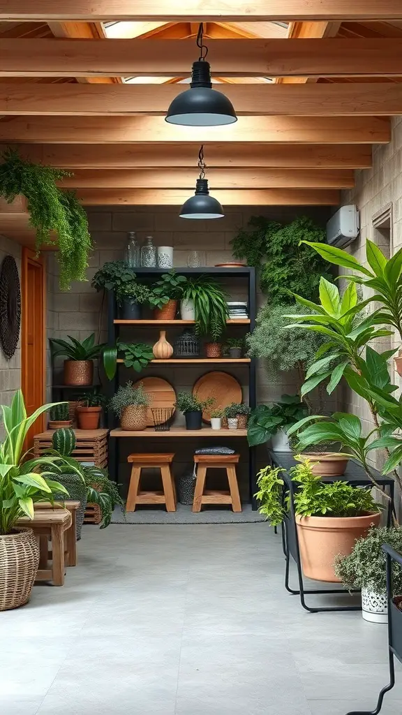 A cozy basement area filled with various indoor plants, wooden shelves, and warm lighting.