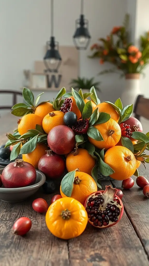 29+ Rustic Christmas Table Décor Ideas for a Cozy Holiday Celebration 17 A vibrant arrangement of seasonal fruits including oranges and pomegranates on a rustic wooden table.