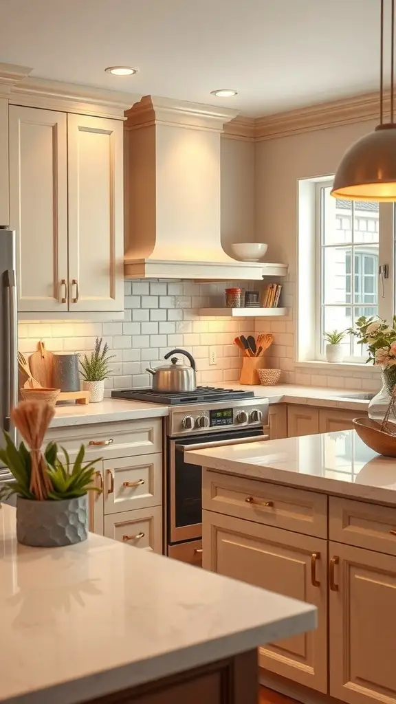 A warm cream kitchen with gold highlights, featuring cream countertops, gold fixtures, and natural light.