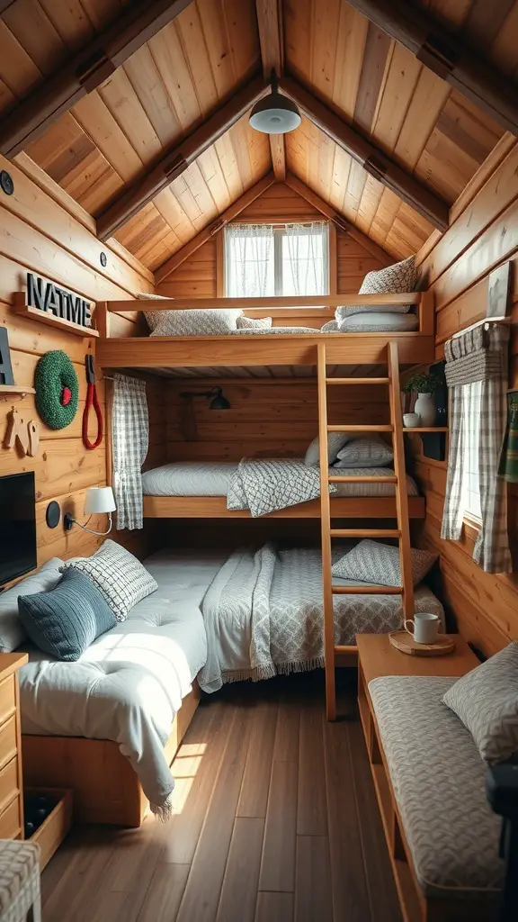 Interior of a tiny cabin featuring lofted sleeping areas with wooden decor.