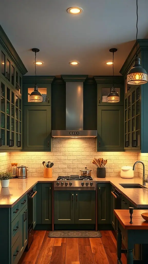 27+ Stunning Green Rustic Kitchen Cabinets for a Charming Makeover 9 A rustic kitchen featuring green cabinets with various lighting options.