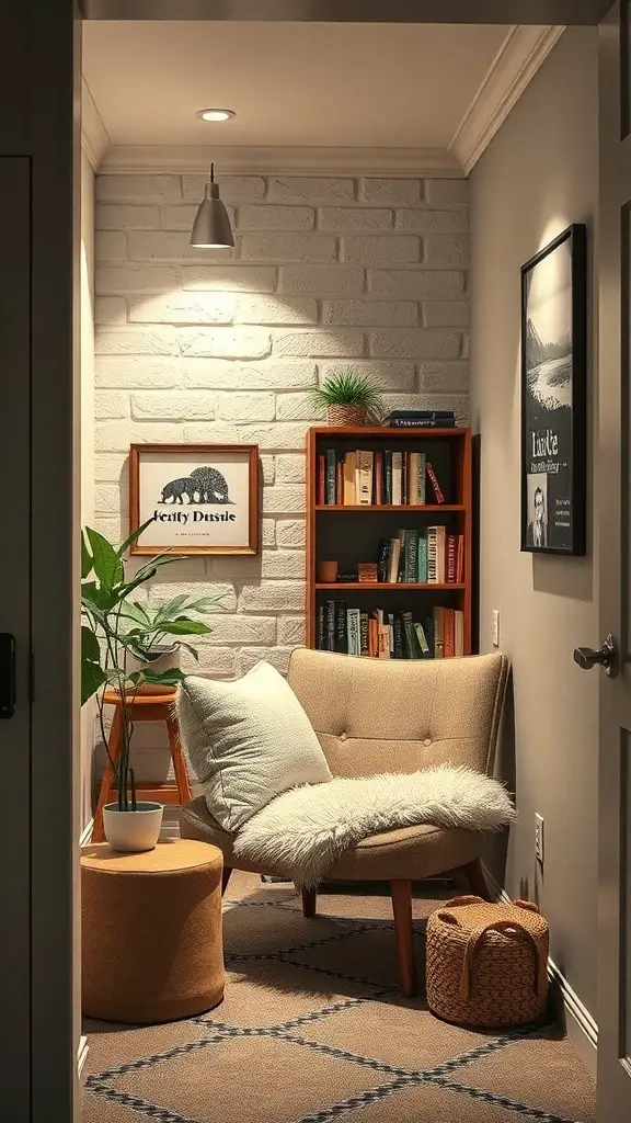 A cozy reading nook in a small basement featuring a plush chair, side table, bookshelf, and decorative elements.