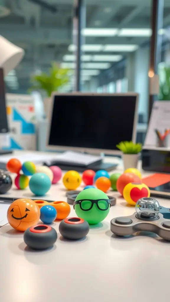 27+ Creative Dollar Tree Gifts for Your Coworkers 5 A variety of colorful desk toys including stress balls, fidget spinners, and playful figures on a workspace.