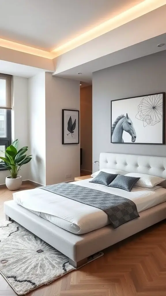 29+ Stunning Upholstered Beds for a Cozy Bedroom Makeover 7 A modern bedroom featuring a sleek upholstered platform bed with a padded headboard, decorative pillows, and a plant in the corner.