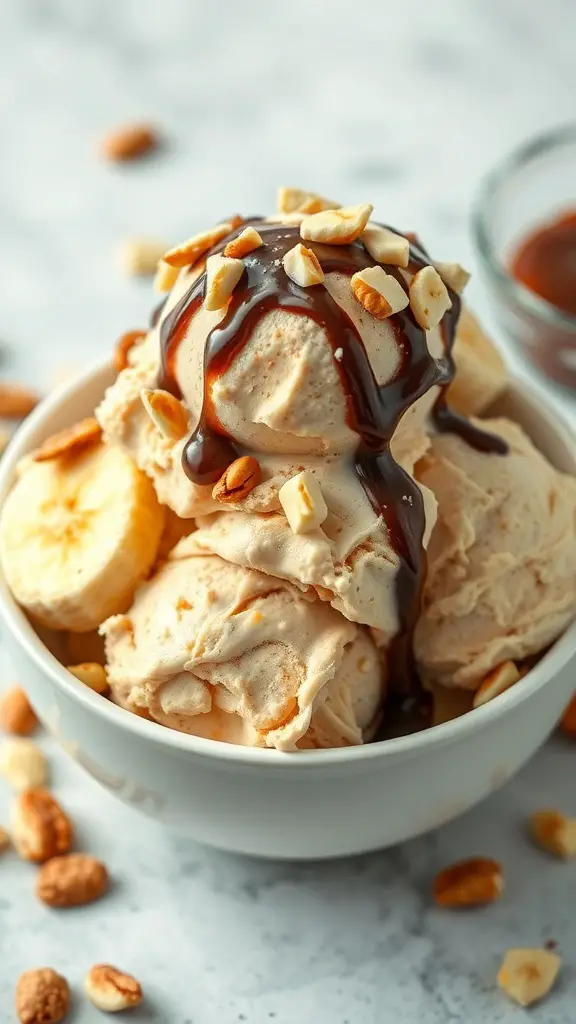 A bowl of peanut butter and banana ice cream topped with chocolate sauce and chopped peanuts.
