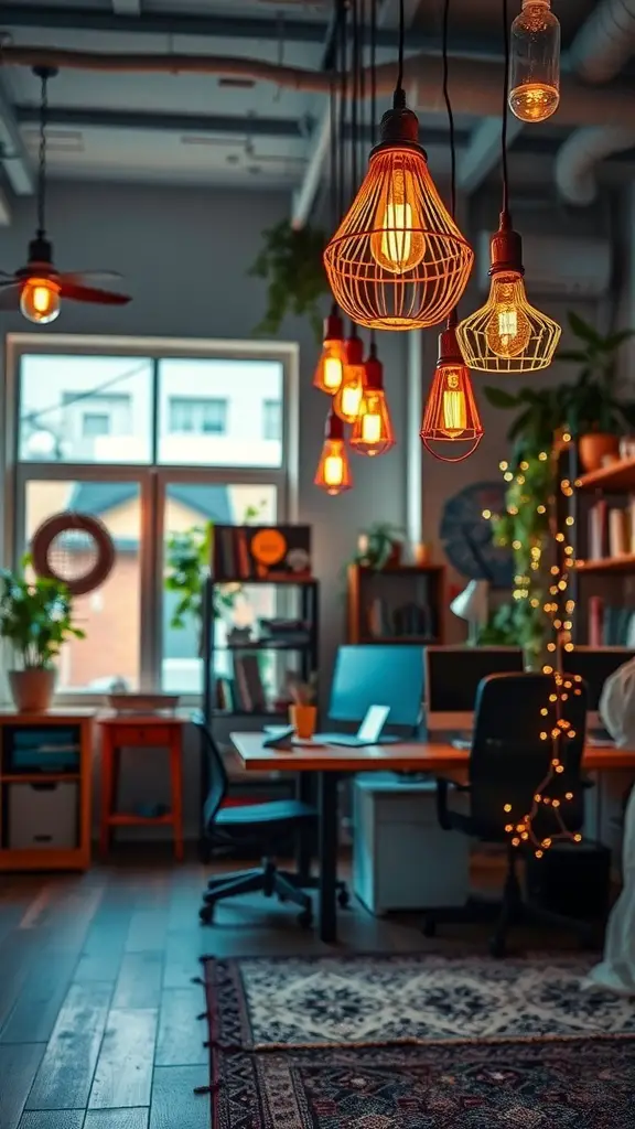 23+ Boho Office Decor Ideas for a Stylish Workspace 2 A cozy boho office with various hanging light fixtures, plants, and a warm atmosphere.