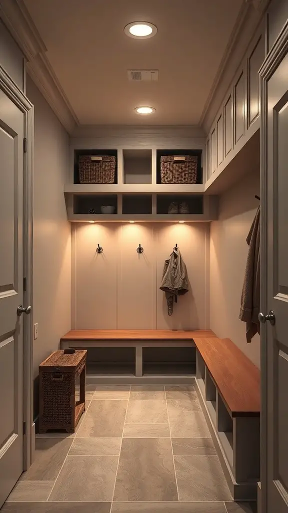 25+ Stylish Mudroom Lighting Ideas to Illuminate Your Space 10 Cozy mudroom with recessed lighting and warm tones