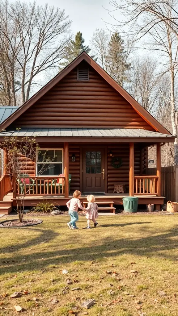 A family-friendly cabin with children playing in front.