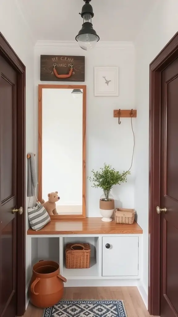 A mudroom closet featuring a wooden mirror, storage baskets, and a cozy atmosphere.