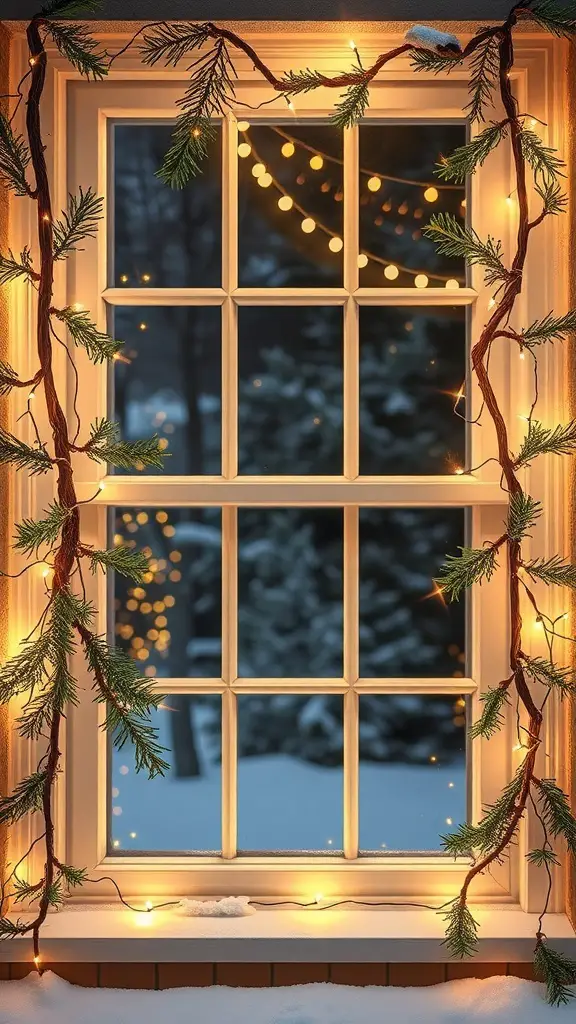 29+ Creative Winter Window Decoration Ideas for a Cozy Home 13 A window decorated with twinkling fairy lights and greenery, set against a snowy background.