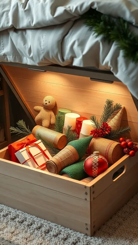 25+ Creative Under Bed Storage Solutions for Small Spaces 11 A wooden box under a bed filled with seasonal decor items like ornaments, gifts, and greenery.