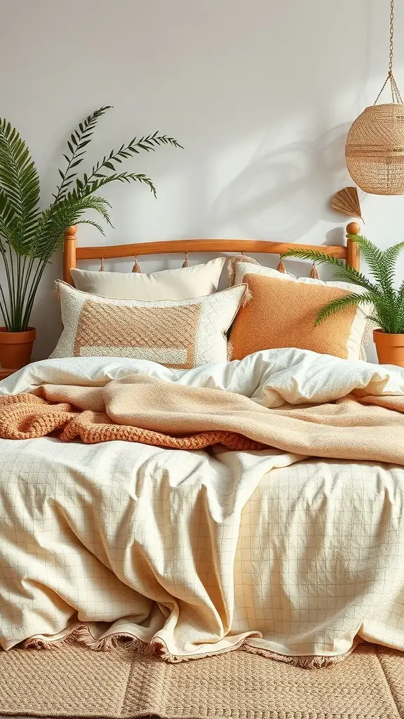 27+ Boho Bedding Ideas to Transform Your Bedroom Style 2 Cozy boho bedding with natural textures and earthy tones, featuring pillows and a knit throw.
