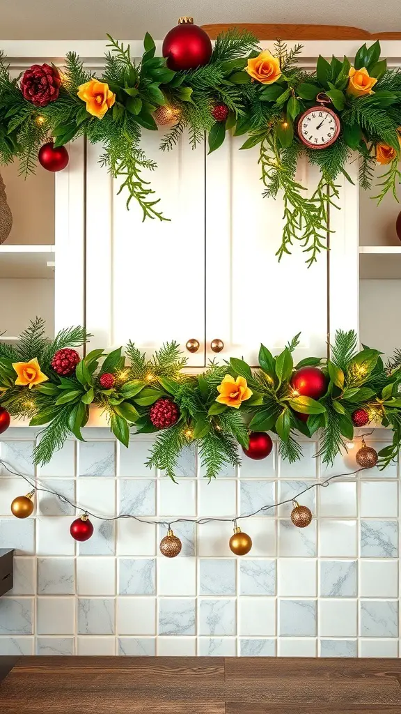 29+ Creative Christmas Decor Ideas for Above Kitchen Cabinets 7 A beautifully decorated kitchen cabinet with festive greenery, flowers, and ornaments for Christmas.