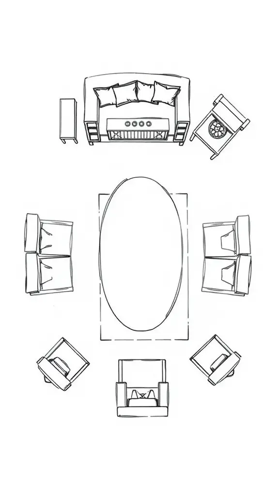 A layout showing an oval dining table surrounded by chairs and a sofa.