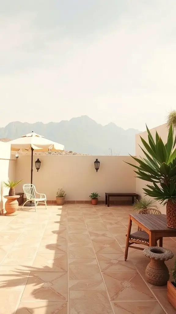 A serene outdoor area with beige tiles, wooden furniture, and plants, reflecting a Ralph Lauren inspired color palette.