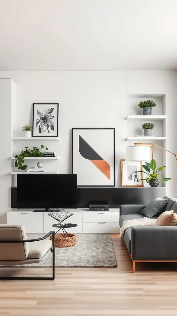Stylish living room with built-in shelves, modern furniture, and decorative plants