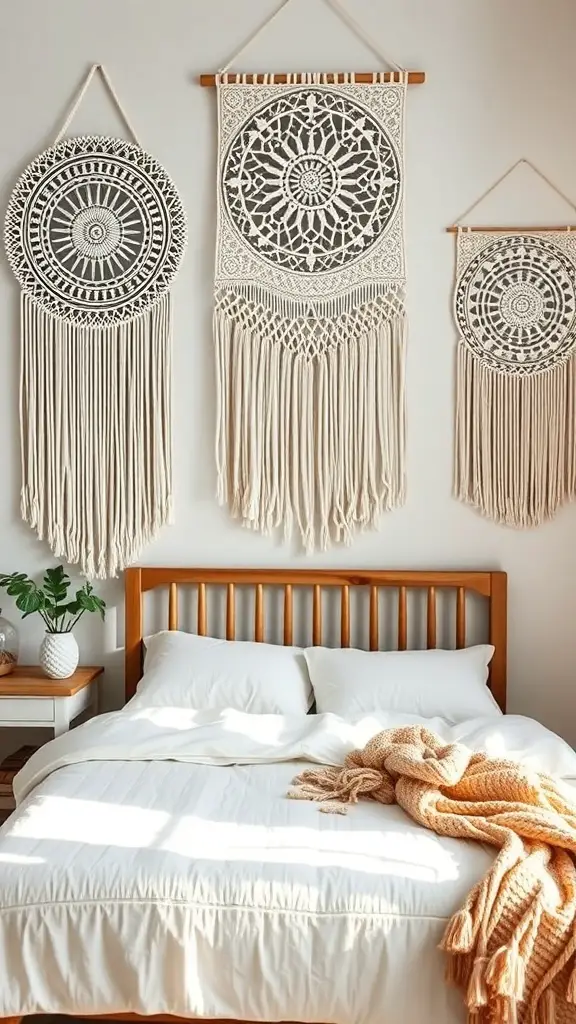Three macrame wall hangings above a bed in a boho coastal bedroom