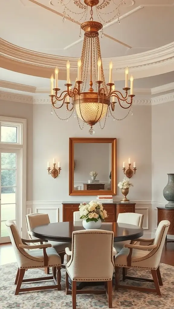 Elegant dining room featuring a chandelier and wall sconces in a Ralph Lauren inspired design.