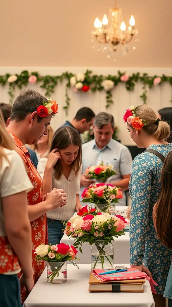 23+ Unique Boho Baby Shower Ideas You’ll Love 16 Guests participating in interactive activities at a boho baby shower, including flower arrangements and wearing floral crowns.