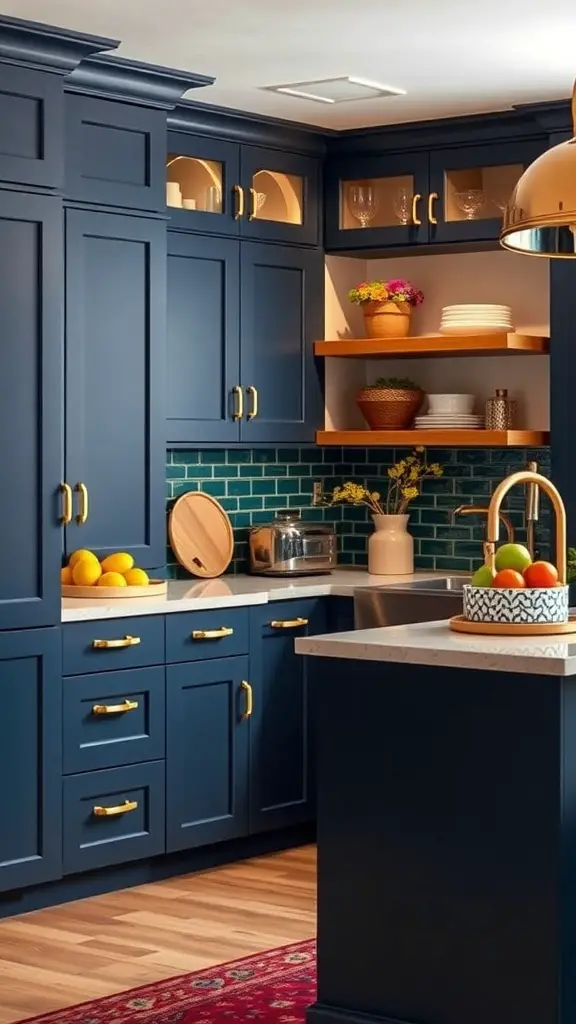 27+ Stunning Dark Blue Kitchen Cabinet Ideas for a Stylish Upgrade 7 A stylish kitchen featuring dark blue cabinets, gold hardware, and open shelving with decorative items.