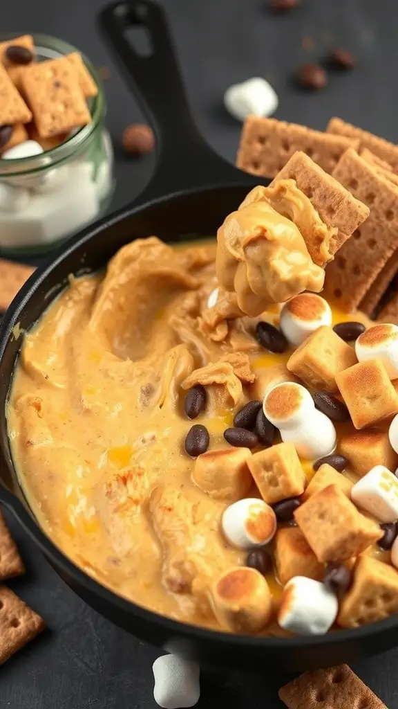 A skillet filled with peanut butter s'mores dip, topped with chocolate chips and marshmallows, surrounded by graham crackers.