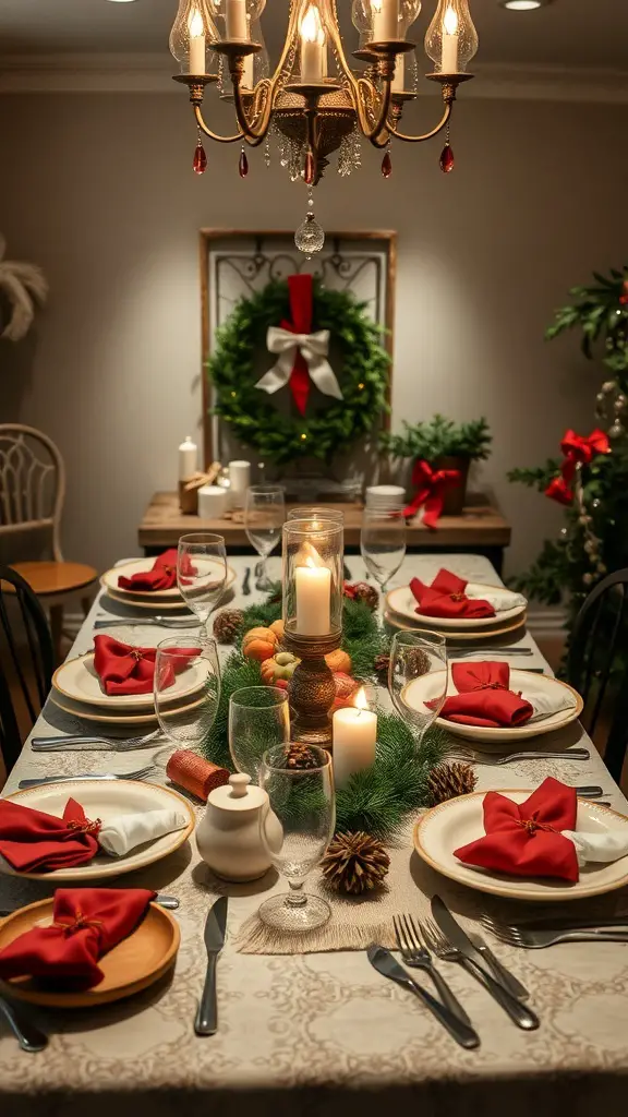 A beautifully set Christmas dinner table with red napkins, candles, and a festive centerpiece.