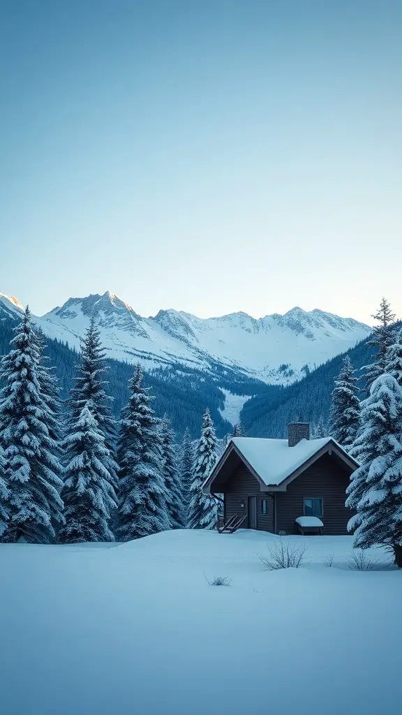 A scenic winter cabin surrounded by snow and mountains