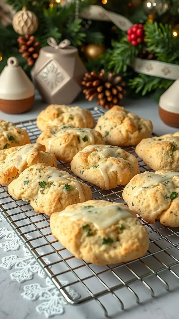 Savory herb and cheese scones on a cooling rack with festive decorations in the background