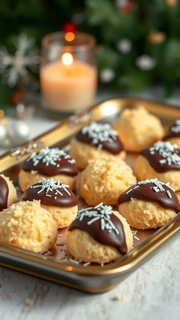 A tray of coconut macaroons dipped in chocolate, decorated with white coconut flakes, with a candle and Christmas decorations in the background.