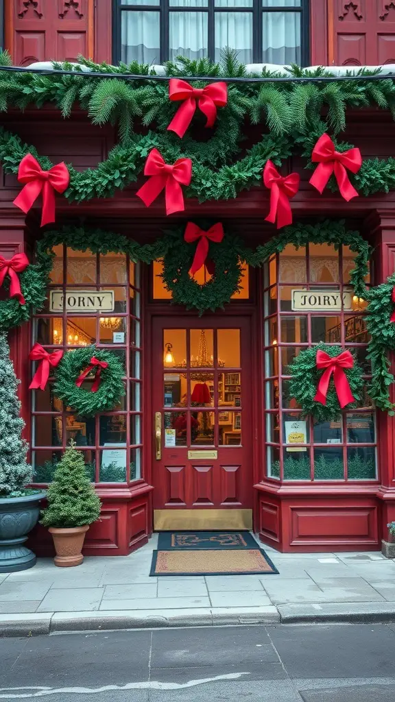 31+ Stunning Storefront Christmas Displays to Get You in the Holiday Spirit 11 A storefront decorated for Christmas with red bows and green garlands.