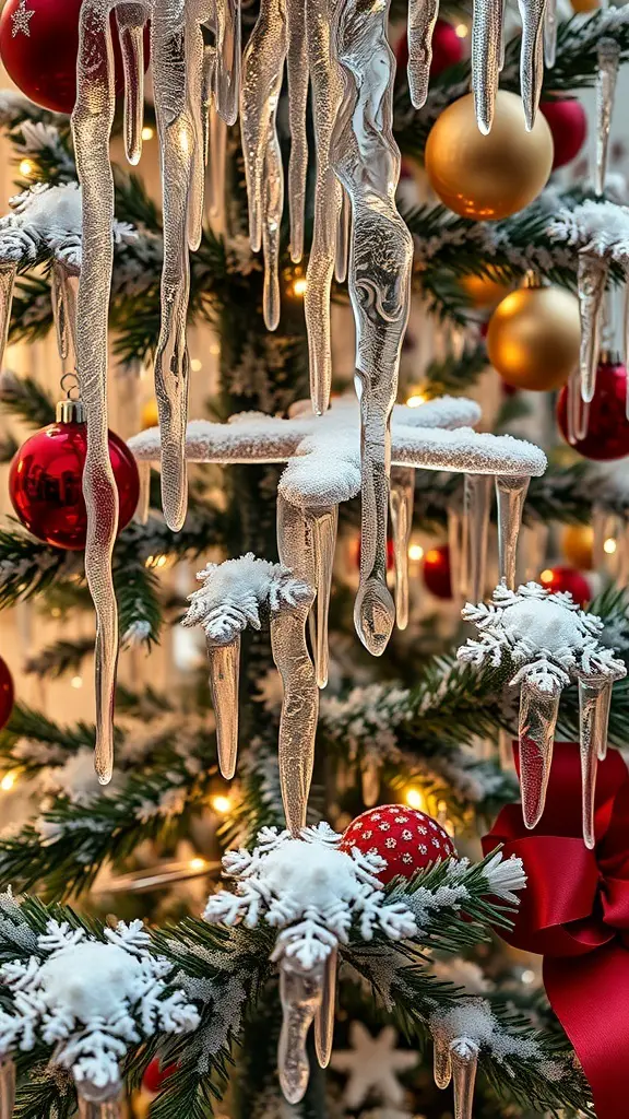 25+ Stunning Icicle Christmas Tree Ideas to Transform Your Holiday Decor 6 A beautifully decorated icicle Christmas tree with red and gold ornaments, snowy accents, and shimmering icicles.