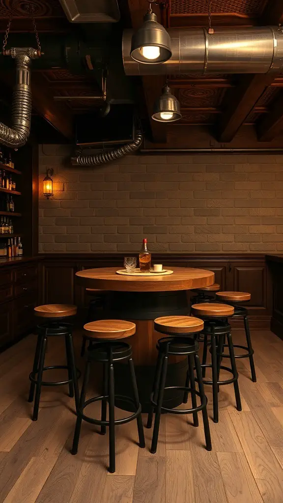 A whiskey barrel table with black stools in a cozy basement setting