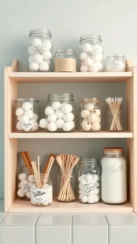 27+ Creative Mason Jar Storage Ideas for a Clutter-Free Home 9 Organized mason jars on a wooden shelf containing bathroom essentials like cotton balls and swabs.