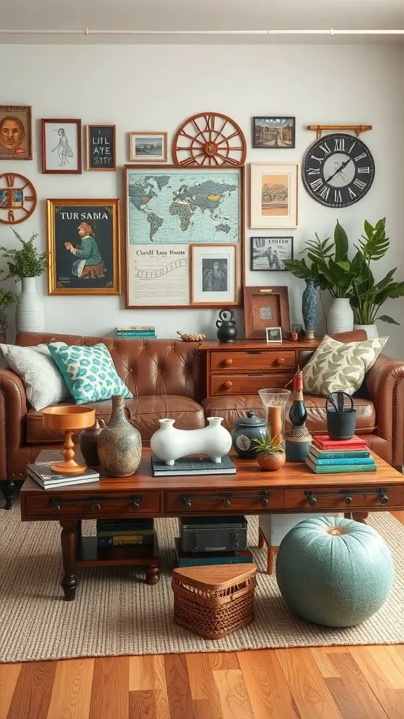 A cozy living room with a coffee table decorated with vintage and modern items, surrounded by a leather sofa and wall art.