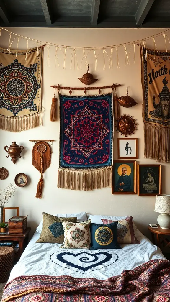 A boho witchy bedroom featuring colorful tapestries and wall art.