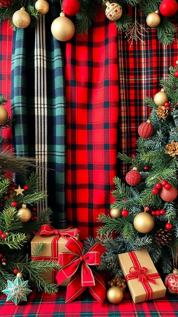 25+ Festive Tartan Plaid Christmas Tree Ornaments and Decorations 5 A festive display featuring tartan plaid fabrics in red and green, decorated with Christmas ornaments and gifts.