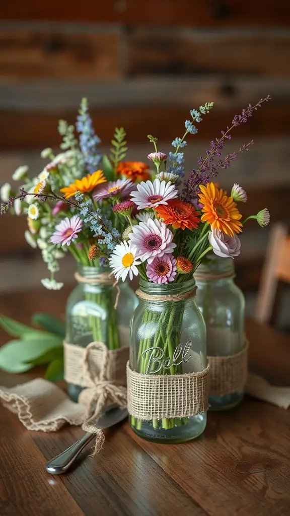 29+ Gorgeous Dollar Tree Centerpieces You Can Create for Any Occasion 9 Three mason jars filled with colorful flowers, wrapped in burlap, on a wooden table.