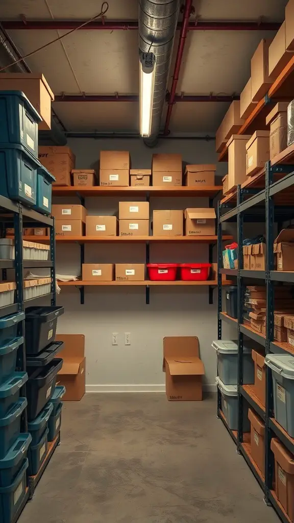 Organized basement storage with shelves and labeled boxes