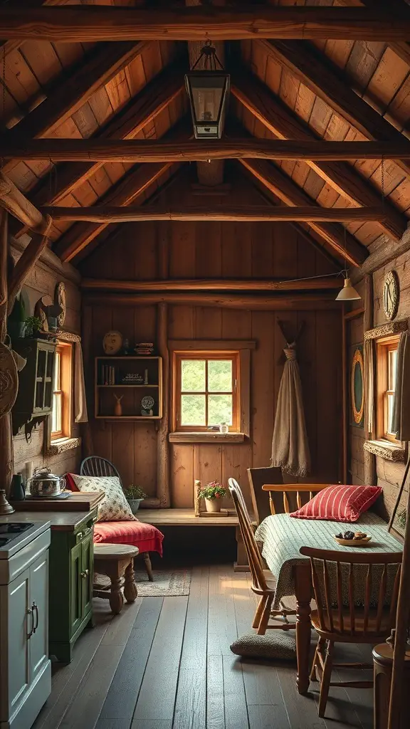Interior of a tiny cabin featuring wooden accents and rustic decor.