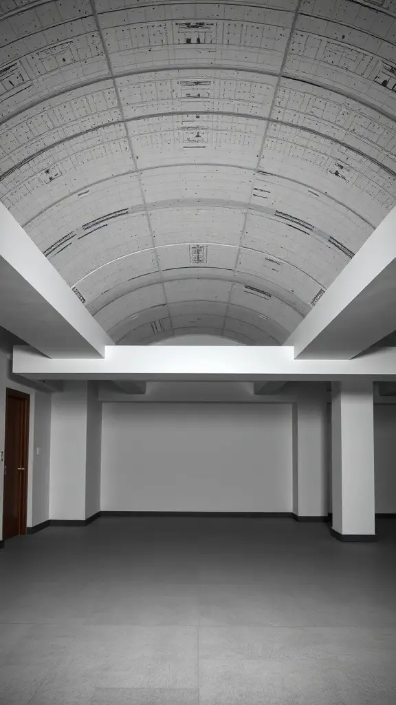 Modern minimalist basement ceiling with an arched design and concrete texture.