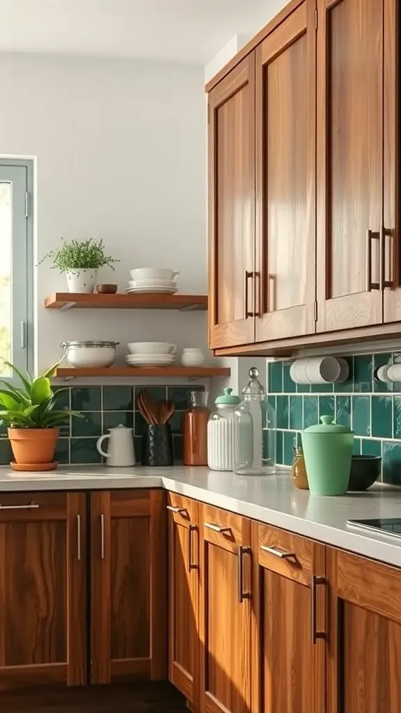 A kitchen featuring natural wood cabinets and green tiles, with open shelving displaying plants and dishware.