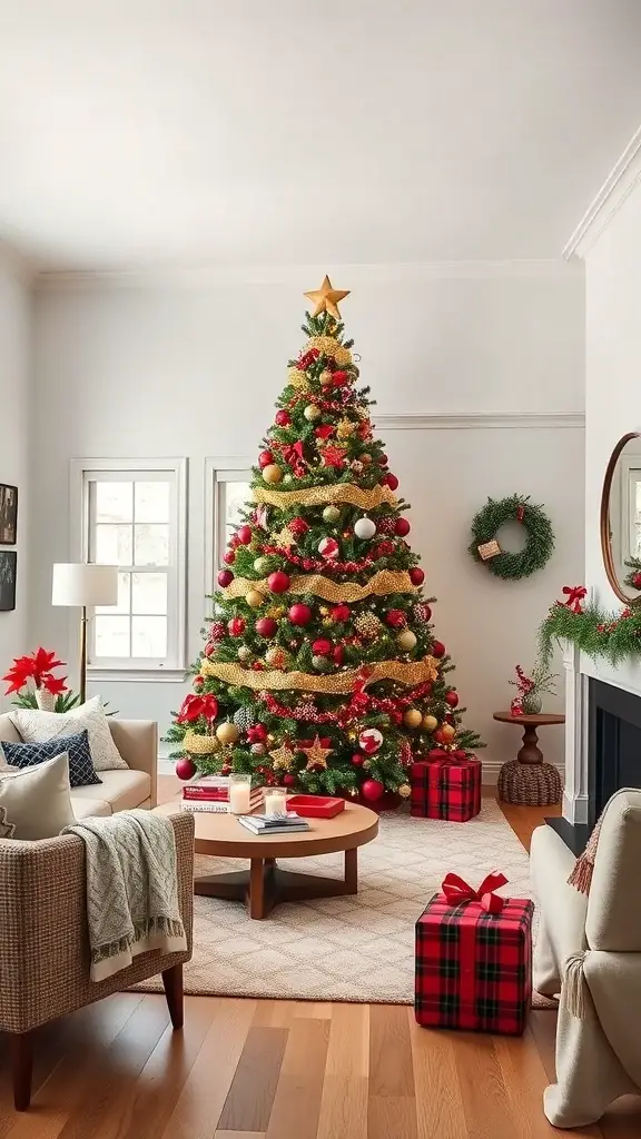 25+ Festive Tartan Plaid Christmas Tree Ornaments and Decorations 16 A beautifully decorated Christmas tree with tartan plaid gifts in a cozy living room.