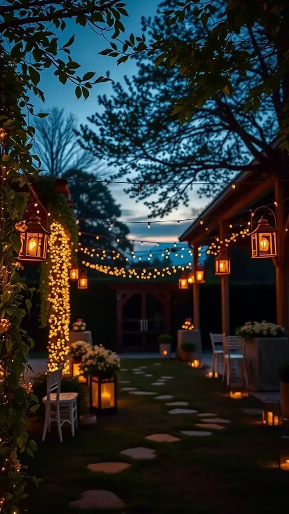 25+ Dreamy Garden Party Wedding Ideas for a Magical Celebration 3 A beautifully lit garden party wedding scene with lanterns and string lights.