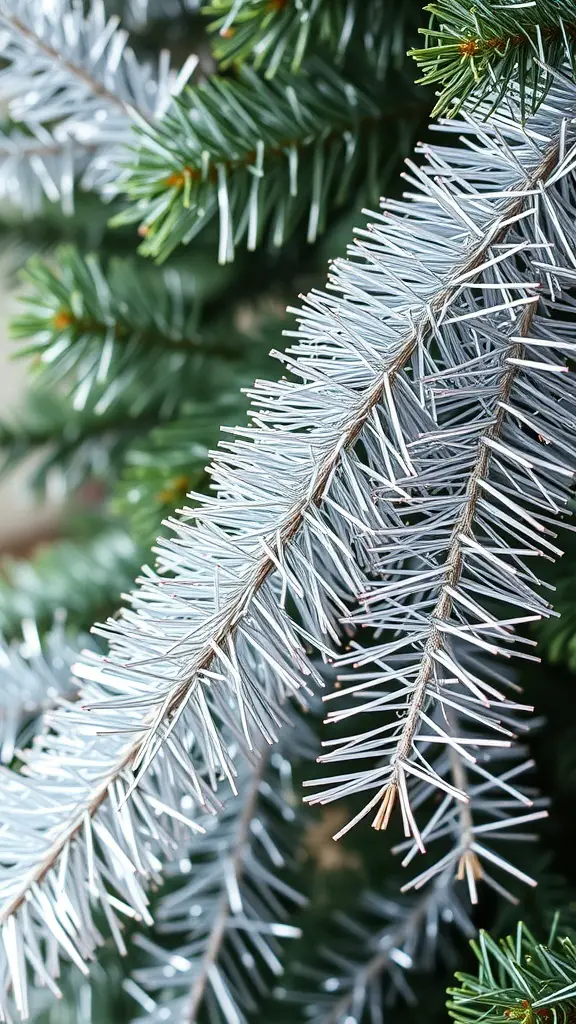 Close-up of silver tinsel on a Christmas tree