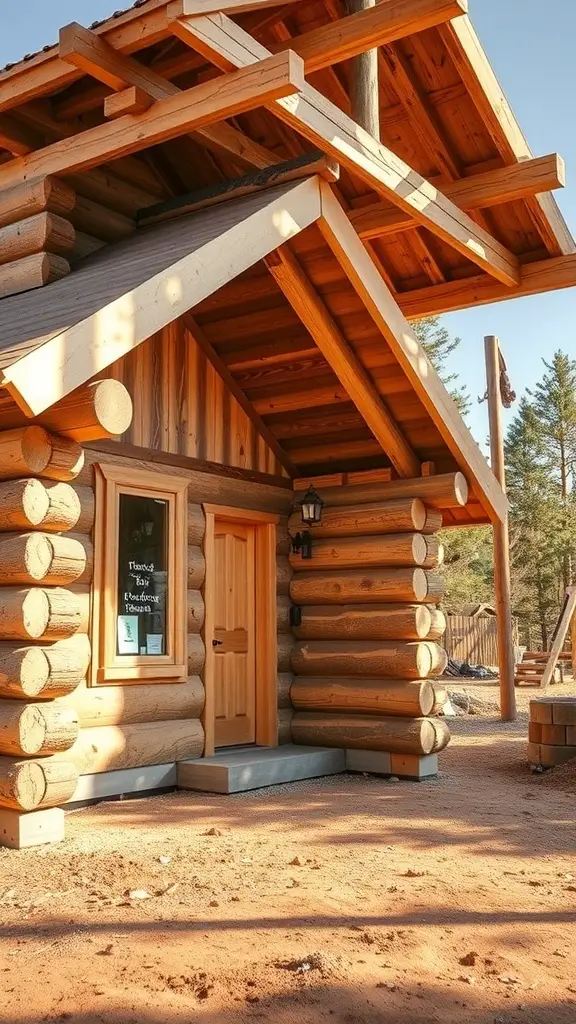 A log cabin with a wooden structure and a welcoming entrance.